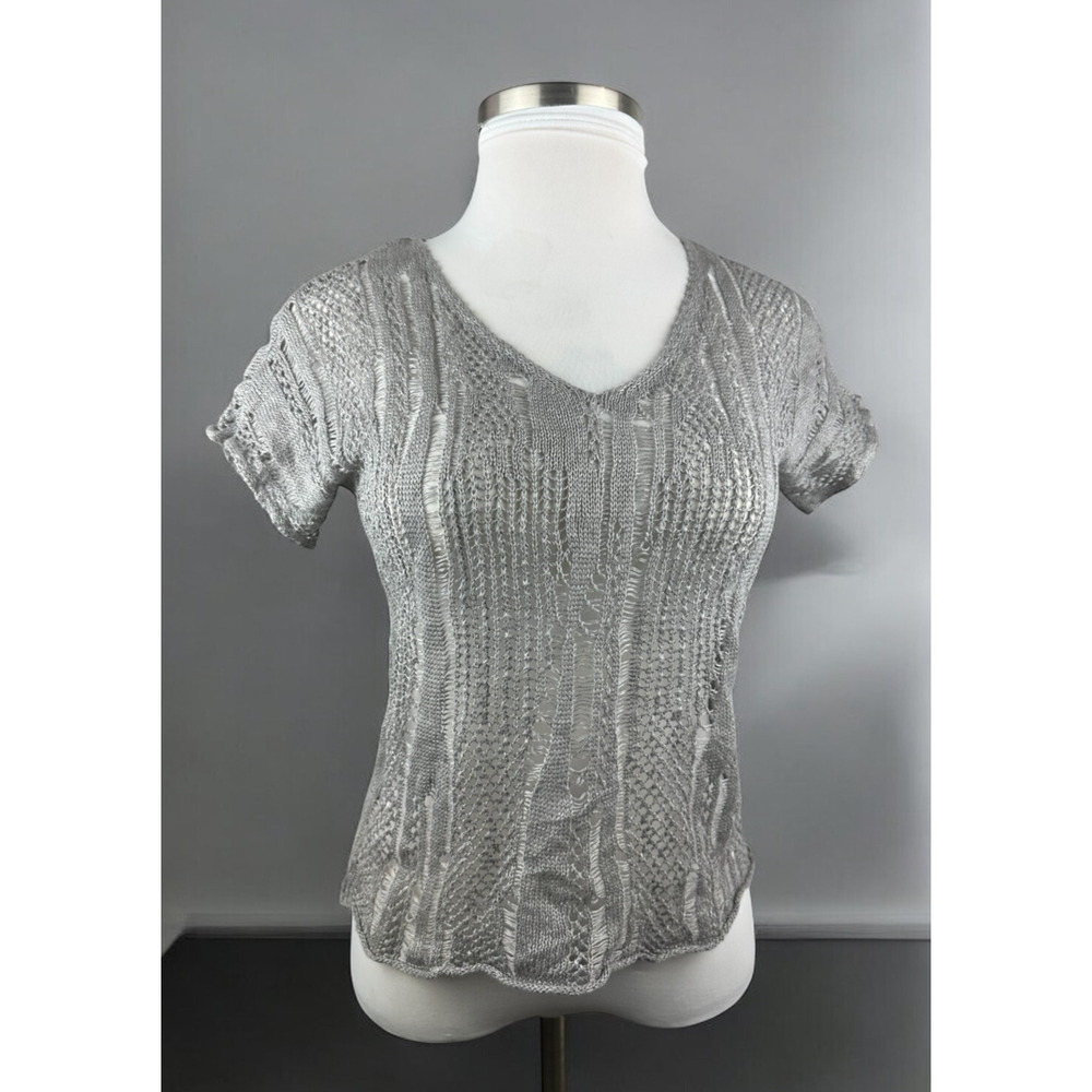 Eileen Fisher Open Knit V-Neck Short Sleeve Sweater Linen Metallic PP Petite Top - Picture 1 of 16
